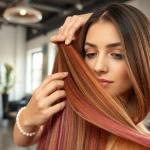 Sew in weft hair extensions being expertly applied in a modern salon.