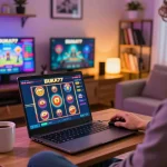 Player enjoying BUKA77 slot game on laptop in cozy home gaming setup with warm lighting.