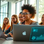 Engaging teamwork using enterprise assistant software in a vibrant office environment.