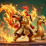Engage with slot 777 as a powerful rooster warrior takes center stage amidst casino elements and gold.