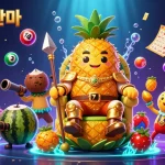 Engage with 구리출장안마 through a lively casino scene featuring the golden pineapple king, vibrant lottery balls, and spinning prizes.