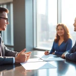 Headhunter conducting an interview in a bright, modern office setting.
