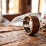 Showcase a unique Whiskey Barrel Wedding Bands design resting on wood, emphasizing its craftsmanship.