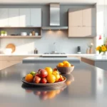 Stylish steel table for kitchen surrounded by vibrant decor and natural light.