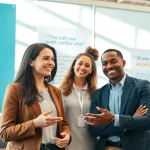 Engaging CPG recruiting scene with a recruiter and diverse candidates in a professional setting.