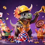 Engage with the excitement of slot server thailand as a triceratops builds poker chip pyramids amidst joyous celebration.