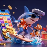 Engage with keonhacai 18's vibrant gambling scene featuring a shark on surfboards of coins with slots and poker elements.