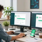 WhatsApp下載 interface displayed on multiple monitors in a modern office workspace.