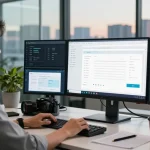 Data analyst using advanced AI to detect fake receipt in modern workspace, highlighting innovative verification technology.
