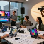 Team collaborating in a leading video production house in Singapore, reviewing footage and adjusting lighting in a creative studio.