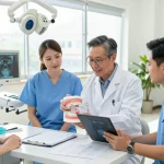 Collaborative environment at Riversdale Orthodontics with orthodontist and surgeon reviewing dental models and X-rays, showcasing advanced care.
