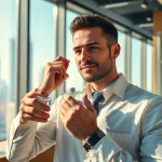 Should I wear cologne to work? A professional man applies cologne in a bright office setting.