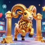 ポーカーアプリおすすめをテーマにした賑やかな3Dイラストで、黄金の角を持つ漫画のような山羊とカジノ要素が登場。