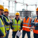 Construction site safety training session with engaged workers and an instructor on site.