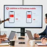 Team discussing Vodafone vs O2 business mobile options in a bright office.