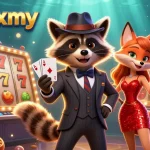WinboxMY provides exciting casino thrills with a raccoon holding a royal flush amidst vibrant slot symbols.
