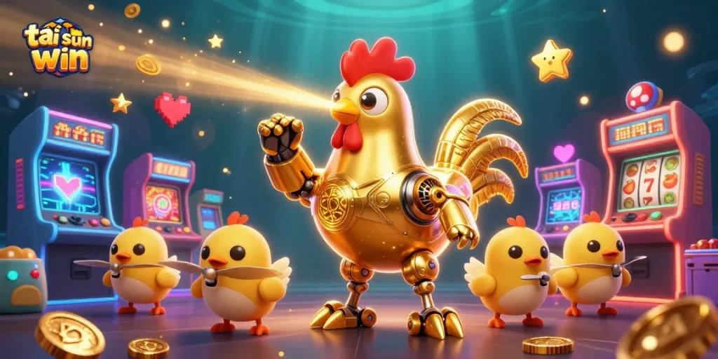Play exciting casino games and tải sun win effortlessly with an illustrated dynamic scene featuring a golden rooster robot.