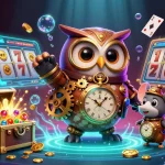 Engage with slot games in this vibrant 3D scene featuring an owl and mouse surrounded by casino elements.
