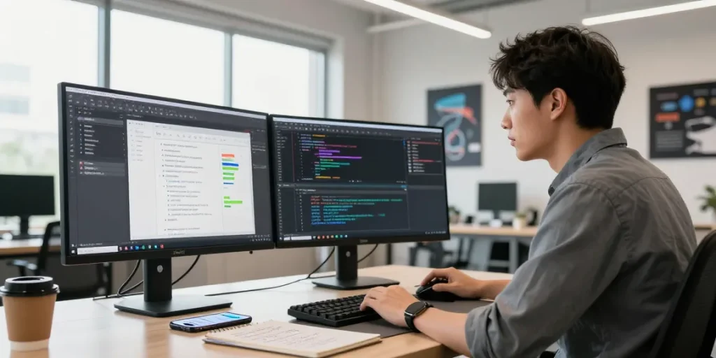 Professional workspace showcasing a developer's setup at 纸飞机官网, featuring dual monitors, laptop, and coding tools.