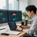Analyzing financial crime intelligence data in a professional office setting with modern technology.