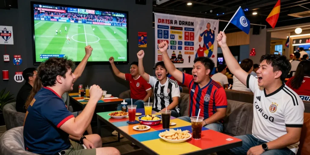 Excited fans cheering at a koora tv broadcast event with live soccer highlights.