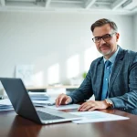 Consultant working on grants and pre-post award compliance in a modern office.