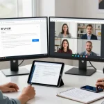 A professional workspace featuring the 纸飞机中文版 interface on monitors, a young person engaging in video calls, emphasizing productivity in tech.