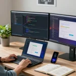 Modern workspace featuring software engineer coding and using 纸飞机下载 on dual monitors amidst a bright office atmosphere.