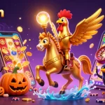 Play iwin thrilling slot games with a golden rooster and pumpkins in a vibrant casino scene.