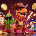 Experience exciting wins with slot gacor hari ini modal 10k in a vibrant casino environment, featuring a T-Rex and cowboy.