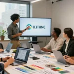 Branding agency in KL collaborative workspace with professionals discussing innovative design strategies.
