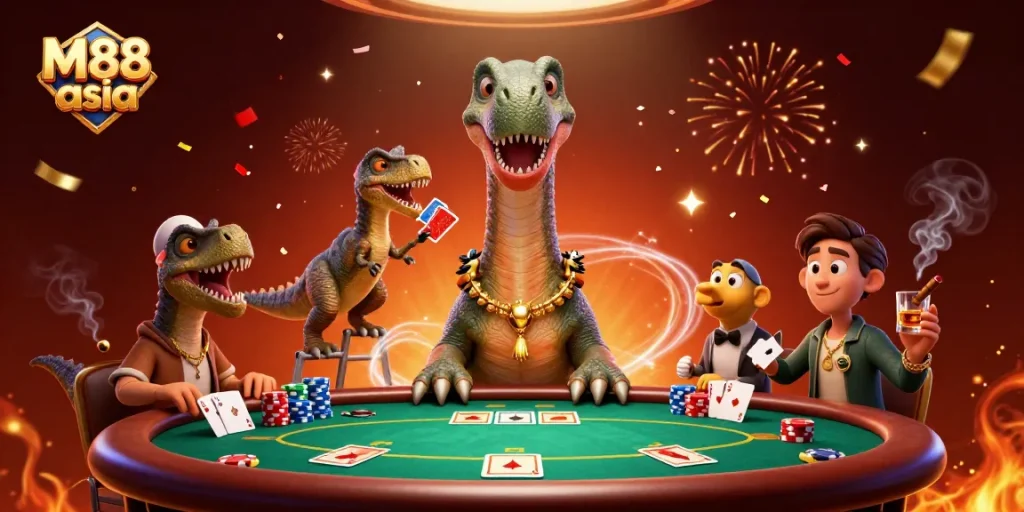 Experience thrilling poker action at M88 asia with a towering brontosaurus dealer and creative card antics.