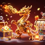 Engage with the thrilling slot bonus, as a golden dragon breathes gears in this dynamic casino scene.
