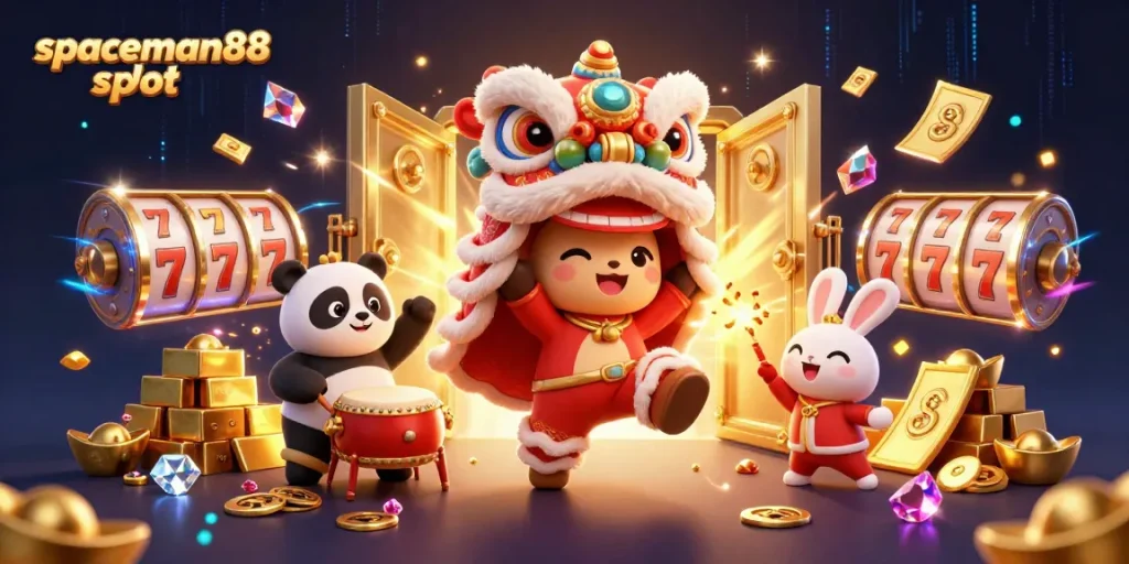 Experience thrilling excitement with spaceman88 slot, featuring a vibrant lion dance scene with glittering symbols and riches.