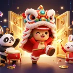 Experience thrilling excitement with spaceman88 slot, featuring a vibrant lion dance scene with glittering symbols and riches.