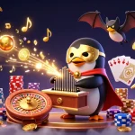 SC88 casino experience featuring a whimsical penguin organist amidst a vibrant gaming scene.